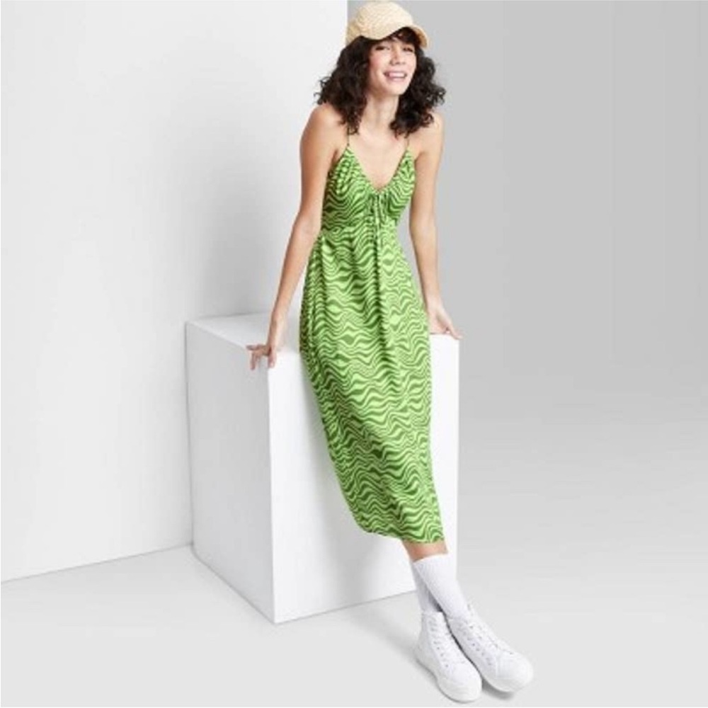 Wild Fable NWT Women's M Lime Green Pattern Spaghetti Strap Front Tie Midi Dress